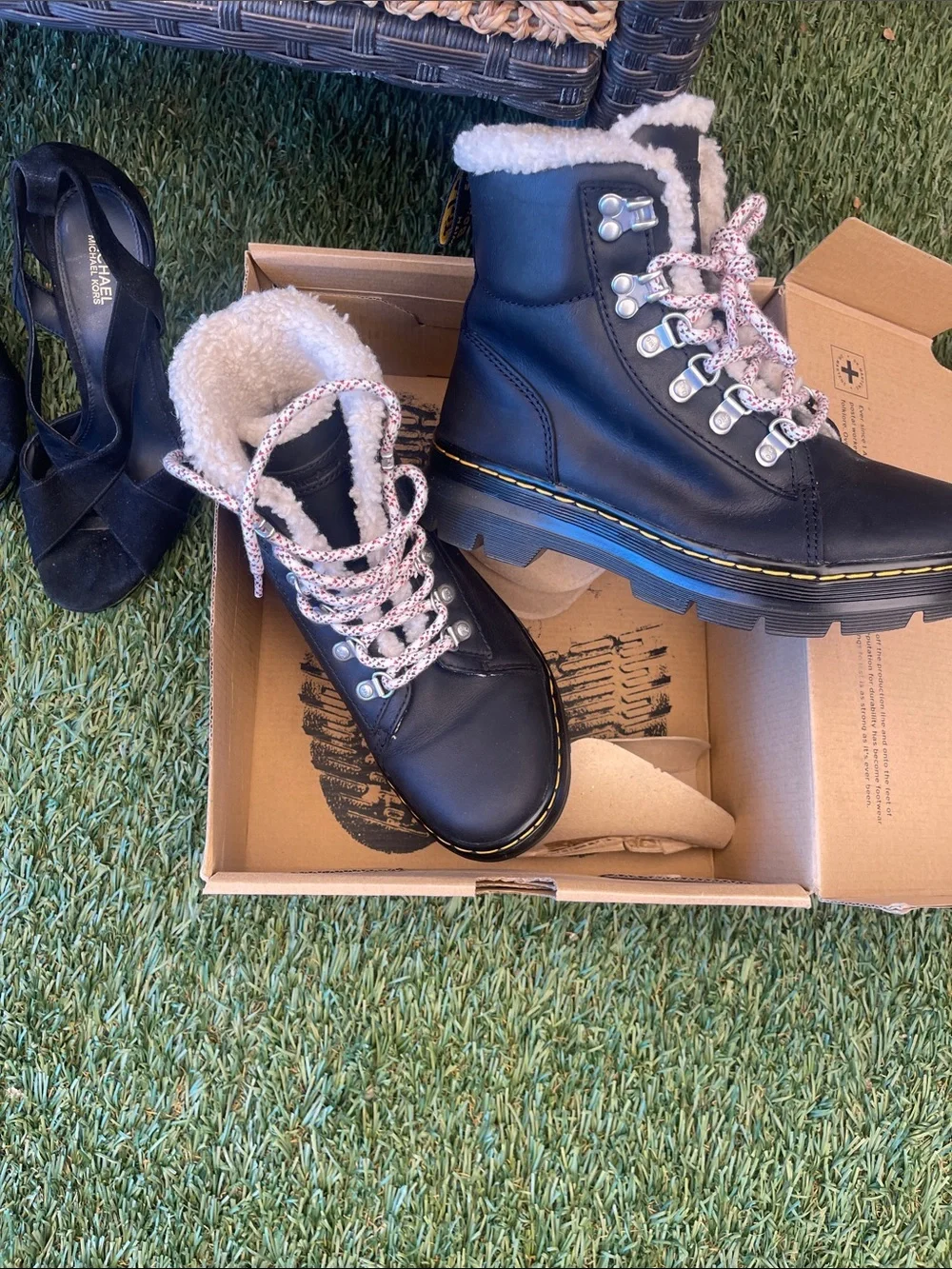 Black Faux-Sherpa Lace-Up Winter Boots